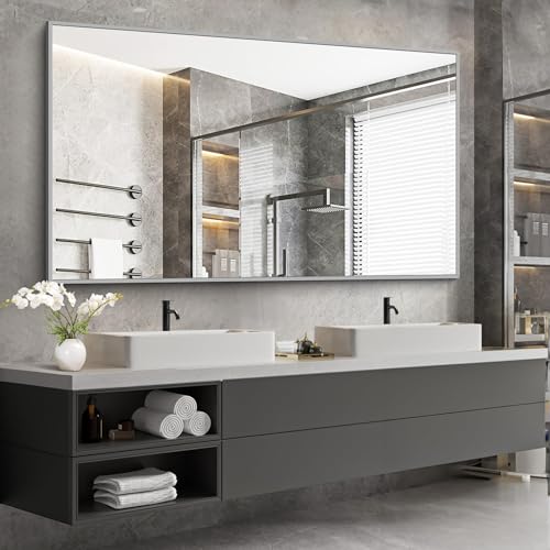 Image of COFENY 36x60inch Brushed Nickel Bathroom Mirror, Silver Rectangle Mirror with Frame, Large Rectangular Wall Mirrors for Bathroom, Living Roomm, Hair Salon, Big Mirror Hang Horizontal /Vertical