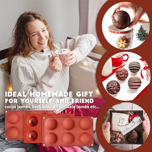 Image of Hot Chocolate Cocoa Bomb Molds Hemisphere Silicone 2.5 Inch 3 Pack, Semi Ball Mould 6 Cavity Large Circular, BPA Free Non-Stick Half Sphere Holiday Valentine DIY Cake Jelly Dome Mousse