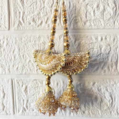 Image of Adikala Craft Store Handmade Ethnic Latkan Tassel Set of 2 for Saree Pallu, Blouse, Suits, Dupatta, Lehenga Decor | Ethnic Saree Pallu, Blouse, Suit, Dupatta & Lehenga Decoration (Golden Pearl)