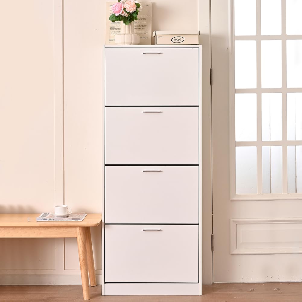 BAKAJI Scarpiera Salvaspazio Slim Portascarpe in Legno MDF con 4 Ante Laccate Lucido a Ribalta e Doppia Profondità 59 x 22 x 169.5 cm Bianco Lucido, 4 Ante