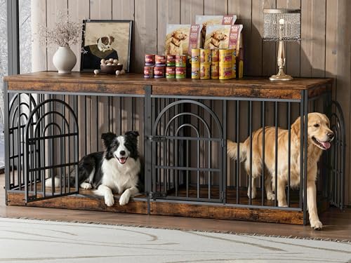 EasyCom 72 Double Dog Crate Furniture for 1 or 2 Dogs Heavy Duty Wooden Kennel with Removable Divider & Retro Round Door Large Dog Crate End Table that Doubles as TV Stand for Medium/Large Dogs