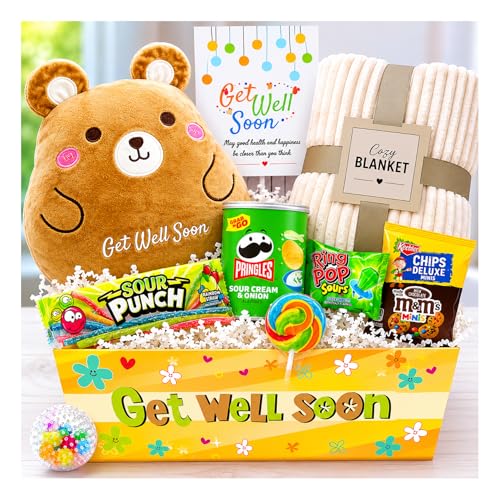 KIDS GET WELL SOON care package gift, Squooshy pillow, Cozy Blanket, Candy...