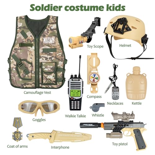 Redcrab JR0227175324 Kids Army Costume, 12 Pcs Military Soldier Combat Dress Up Set For Aged 3-12 Toddlers, Camouflage War Accessories Halloween Role Play Costume thumb #1