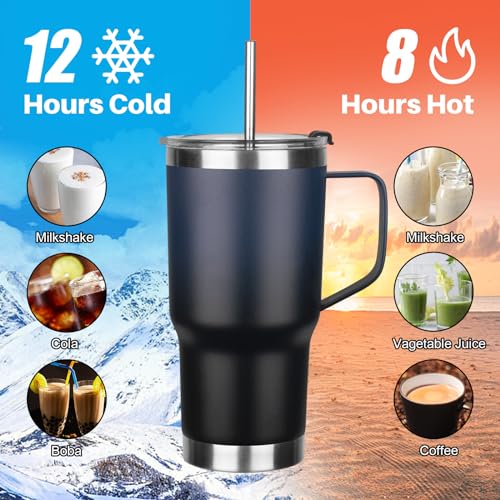 Image of 20 oz Tumbler with Handle, Stainless Steel Insulated Tumbler with Lid and Straw, Double Wall Vacuum Coffee Mug Cup, Insulated Coffee Thermal Cup for Cold and Hot (Blue Black)