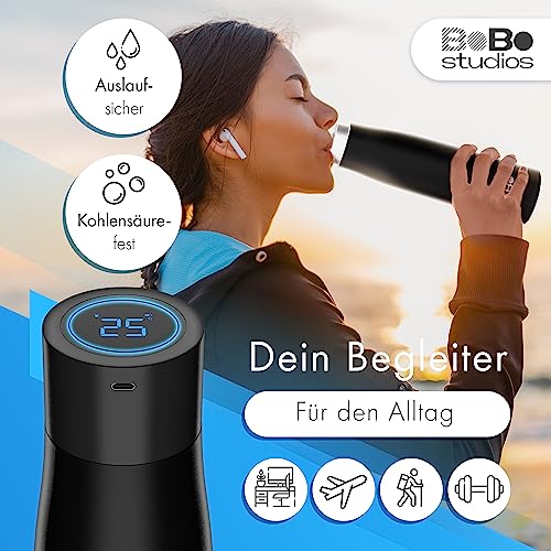BoBo Studios® 500ml Smart Bottle Trinkflasche Isolierflasche aus Edelstahl, UVC Sterilisation gegen Bakterien Viren, 24 Std kalt, 12 Std heiß, Trinkerinnerung, Display, selbstreinigend, inkl. Zubehör