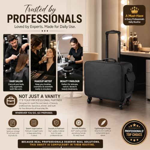 Image of Professional Train Case Hardside Vanity Jumbo Makeup Artist Rolling Trolley Beauty Makeup Cosmetic Trolley Hairstylist Travel Organizer Bag - 360 Wheels - Expendable Handle (8516 /XXXL /Trolley)