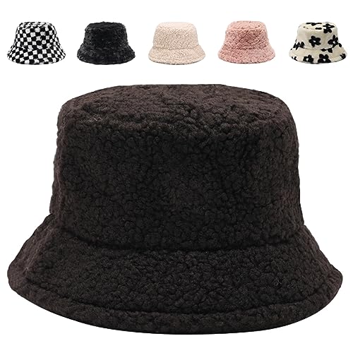Image of Bucket Hat Women Furry Fuzzy Bucket Hats for Ladies, Winter Warm Fluffy Plush Faux Fur Hat for Women