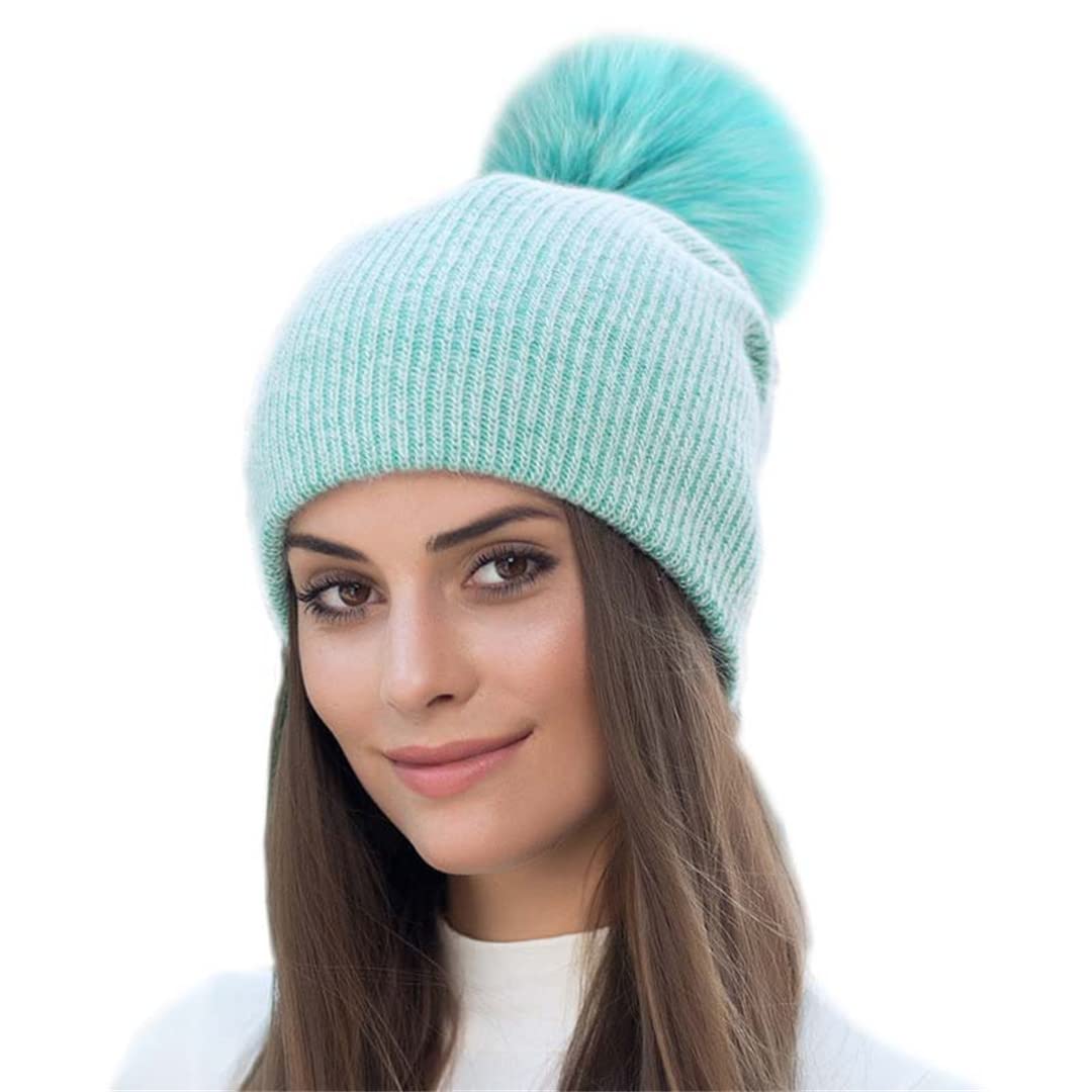 Gorro de Invierno de Piel de Conejo con Gorro de Piel con pompón para Mujer, Gorro cálido para Mujer Black Fur 2 One Size