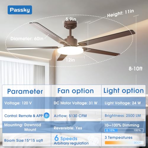 Image of Passky 60 Inch Brown Sleek Ceiling Fans with Lights, Remote Control | 3-color dimmable light, quiet reversible DC motor, easy install, memory, Timer, APP, bedroom, covered outdoor areas