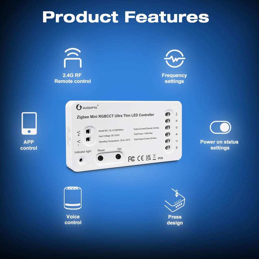 lighteu®, GLEDOPTO Zigbee dimmer Ultra Thin LED Controller Pro Alexa Voice/Hub APP/Remote Control DC5-24V, GL-C-009P(mini) - Image 2