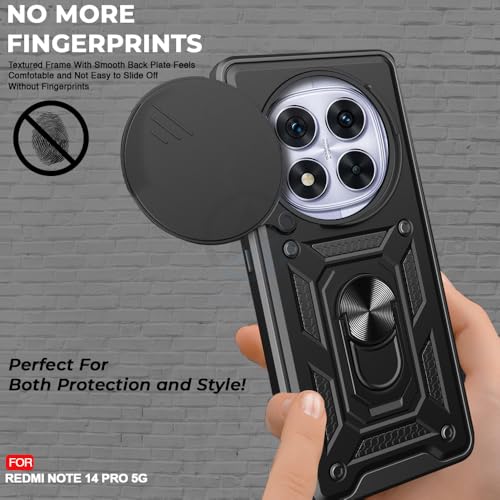 Image of AESTMO Tough Armor Redmi Note 14 Pro 5G Bumper Back Case Cover | Ring Holder & Sliding Camera Shield Cover | 360 Degree Protection Back Case Cover for Redmi Note 14 Pro 5G (Black)
