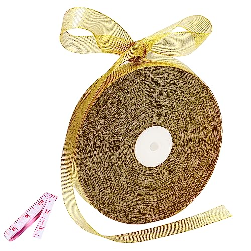 100 Yards Glitter Gold Ribbon 5/8 Inch, Sparkly Thin Solid Fabric Ribbon for Gift Wrapping, Crafts, Holiday Wedding Birthday Party Decoration Floral Bouquet, Metallic Gold Ribbon Roll by DAYEDZ - Used condition - US$7.77