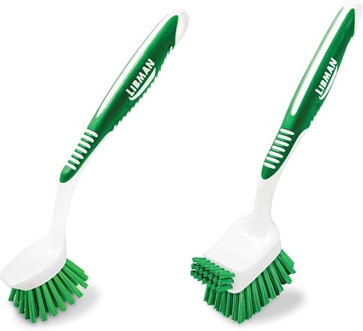 Libman Dish Brush for Dishes, Fruits, Vegetables & More - 2 Pack, Green, Plastic Bristles, Plastic Handle, Scraper, Holder