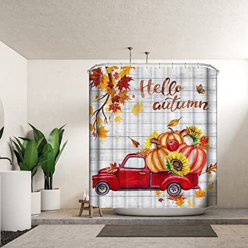 Beifivcl Fall Shower Curtain For Bathroom, Decorative Truck Farmhouse Autumn Shower Curtain Fabric Sunflower Pumpkin Yellow Rustic Wooden Thanksgiving Holiday Fall Bathroom Decor With Hooks,72X72 Inch #TOP5