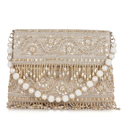 Image of Nevis PU Silk Fabric Women's Embellished bride Clutch with Pearl Handle | Fancy Designe & Wedding Potli Bag for Festive & Evening