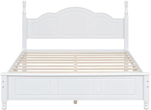 Miniatura 4 de Marco de cama de madera de pino de estilo retro con cabecero, no necesita caja de resortes, color blanco