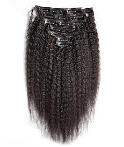 KEYU Virgin Human Hair Kinky Straight Hair Extensions Clip in Coarse Yaki Straight Brazilian Hair 7Pcs/Set 70Gram (12", Natural Black #1B)