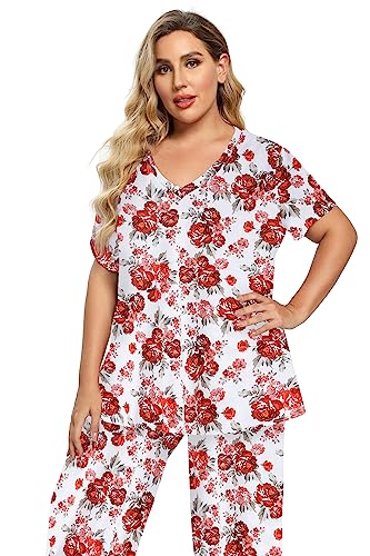 Image of Vozanet Women's V Neck Sexy Pajamas Capri Sets Mexican Style Floral Sleepwear 2PCS Totem Casual Nighty Plus Size M to 5XL