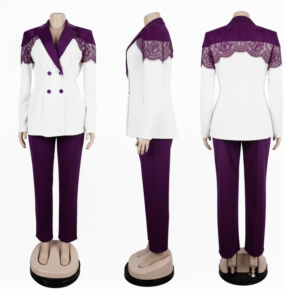 LROSEY Womens Dressy Pants Suits 2 Piece Set Double Breasted Lace Blazer Elastic Suit Pants Business Work Office Outfits - Image 6