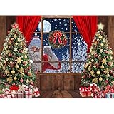Christmas Backdrop Santa Claus Photo Background Winter Snow Xmas Wooden Window Moon Christmas Tree Gifts Photography Background New Year Party Decorations Banner 112