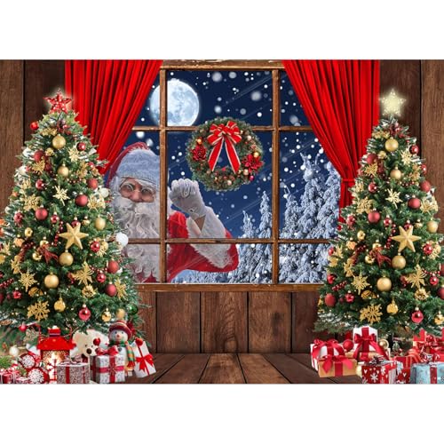 Christmas Backdrop Santa Claus Photo Background Winter Snow Xmas Wooden Window Moon Christmas Tree Gifts Photography Background New Year Party Decorations Banner 112