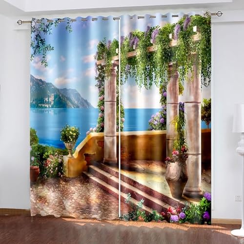 ANAZOZ Cortina de Comedor de Ojales,2 x 214W x 183H CM,2 Paneles Cortinas Habitacion Opacas Paisaje de Balcón y Mar Cortinas de Habitacion Azul Verde Marrón