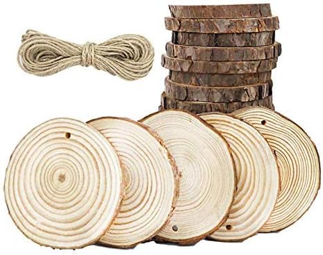 Mayeec Wood Slices 15pcs 3.2"-3.6" (Thickness:0.42") with Holes Craft Wood and 33Ft Jute Twine for Christmas Decorations Tree Decorations Crafts DIY Painting (15pcs (3.2"-3.6"))