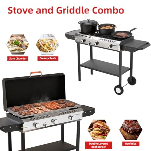 Image of 2-in-1 Propane Stove & Griddle Combo, 225,000 BTUs, Steel Cooking Surface | Outdoor Cooking Stove with Auto Ignition Button, Flat Top Grill, Outdoor Gas Griddle with Rolling Wheels
