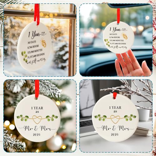Image of First Wedding Anniversary Ornament 2024 - Handcrafted Round Ceramic Mr. & Mrs. Keepsake - Romantic 1 Year Married Ornament for Couples - First Christmas Married Gift - 2024 Holiday Home Decor