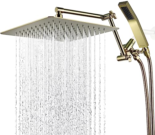 G-Promise All Metal 12 Inches Rainfall Shower Head with Handheld Spray Combo, 3 Settings Diverter, Adjustable Extension Arm with Lock Joints, 71 Inches Stainless Steel Hose (Polished Brass)
