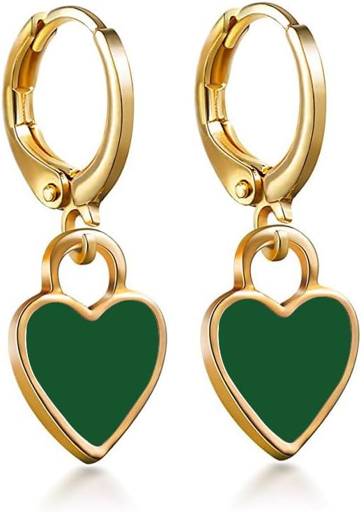 Heart Dangle Hoop Earrings, Gold Tone with Colors Heart Charm