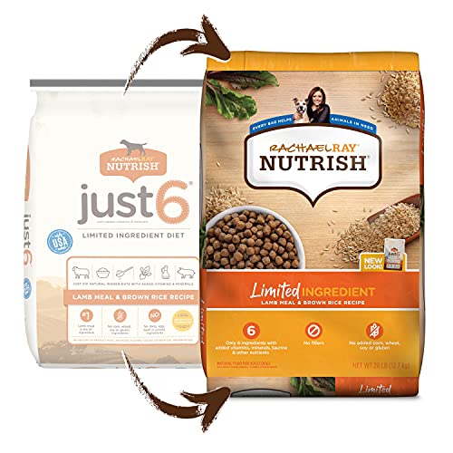 Rachael Ray Nutrish Just 6 Natural Premium Dry Dog Food, Limited Ingredient Diet Lamb Meal & Brown Rice Recipe, 28 Lbs