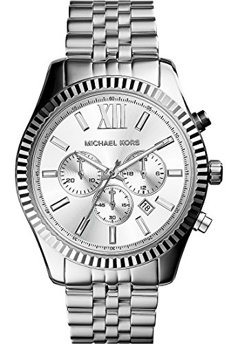 Image of Michael Kors Lexington Watch for Men, 45mm Quartz Chronograph Movement with Stainless Steel Strap, Silver Tone, 44MM, MK8405-AMZUK