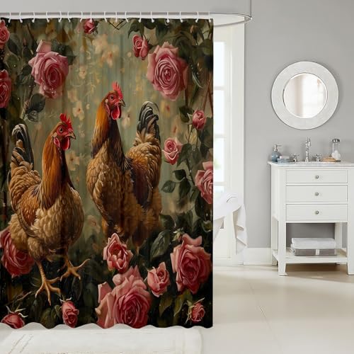 Homewish Juego de cortina de ducha de tela rosa con diseño de gallo de 72 pulgadas de ancho x 72 pulgadas de largo, cortina de baño de animales de granja, pollo, pollo, decoración de granja occidental