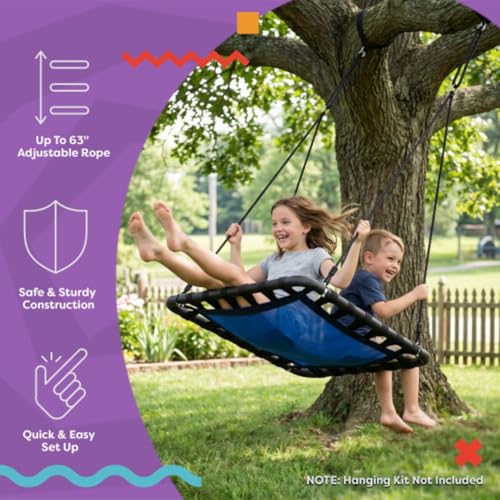Image of Platform Tree Swing for Kids - Swing Set, Tree Branch, or Playground - 40x30in Rectangular Platform for Kids with Adjustable Rope - Outdoor Activities by Hey Play (Blue /Black)
