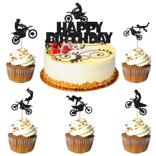 YPLonon 31 Pièces Moto Cake Topper Décoration Gateau Anniversaire Déco Gâteau Moto Happy Birthday Cupcake Toppers Noir pour la Fête d'Anniversaire des Enfants