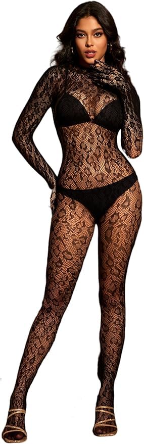 bunny bae Women's Floral Lace Fishnet Bodystocking Lingerie – Full Body Stretch Mesh One-Piece Bodysuit with Long Sleeves (Black)-picture-10