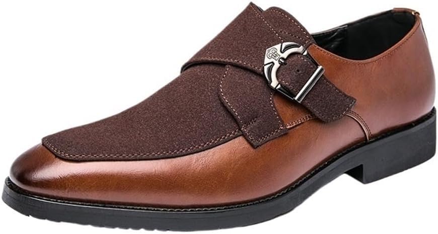 Men’s Strap Dress Shoes, French Leather Slip-On Plain Toe with Non-Slip Rubber Sole for Formal & Casual