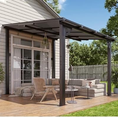 Aoxun 8'x 10' Premium Gazebo with Aluminum Top Frame & Polycarbonate Panel, Wall Mounted Gazebos Pergola, Outdoor Patio Lean to Gazebo, Awnings with Sloped Roof, for Backyard, Porch, Deck