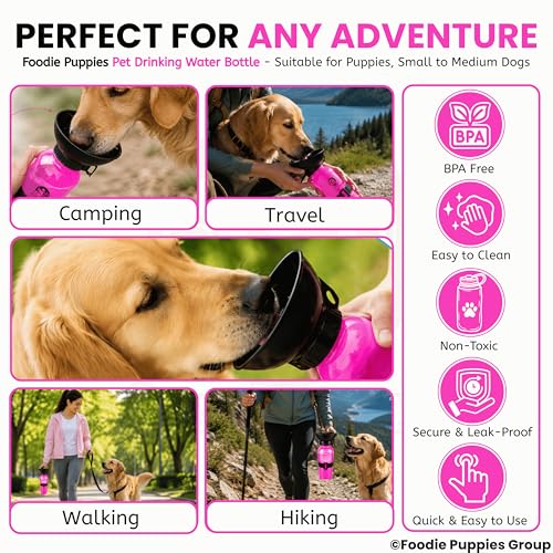 Image of Foodie Puppies Portable Dog Water Bottle, (530ml,18Oz) Color May Vary | Leak-Proof Easy Squeeze Pet Water Dispenser with BPA-Free Drinking Cup | Walking, Hiking, Travel & Road Trips