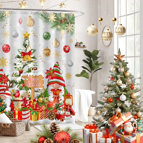 Image of Boho Shower Curtains for Bathroom Mid Century Minimalist Abstract Aesthetic Modern Bathroom Decor Curtain Machine Washable Waterproof Fabric with 12 Hooks (Christmas Gnome White, 72 inchW x 72 inchL)