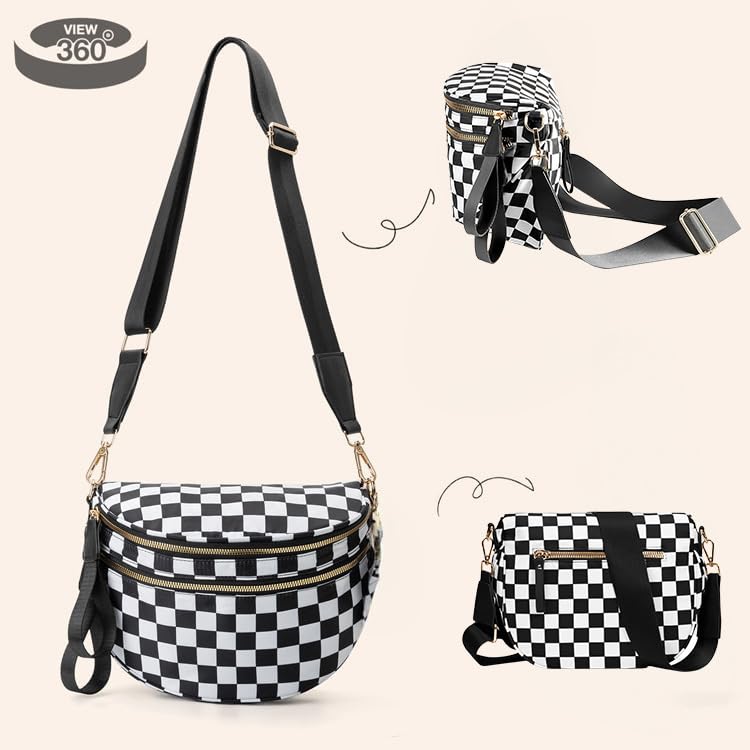 Checkered Crossbody Bags for Women, Bum Bag Nylon Bumbags for Women Crossbody Checkered Shoulder Bag Large Hobo Crossbody Purse for Travel4