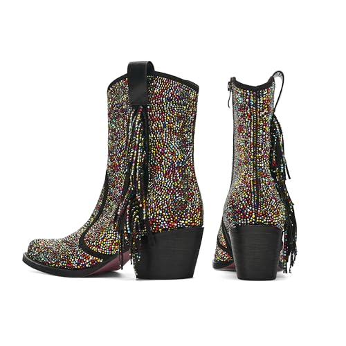 Tsrenlmln Ankle Boots for Women Pointed Toe Rhinestone Western Cowboy Slip-On Short Boots4