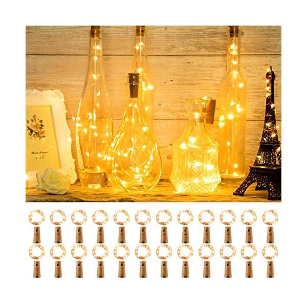 Olafus 24 Stück LED Flaschenlicht Batterie, 20 LEDs Lichterkette Kupferdraht batteriebetriebene Weinflasche Lichter mit…