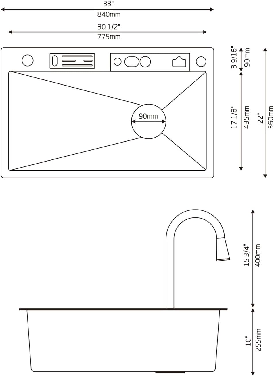 Lefton 33" x 22" 304 Stainless Steel Waterfall Kitchen Sink Set with Pull-down Faucet, Knife Holder, Drain Basket, Inside-Basin, and Cutting Board, Temperature Display, Grey, KS2205L