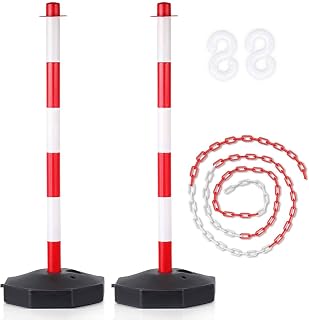 2 Pack Traffic Delineator Post Cones with Fillable Base, Portable Parking Pole Barrier with 8ft Chain, Traffic Safety Delineator for Parking Lot, Construction Lot (Red & White) 2