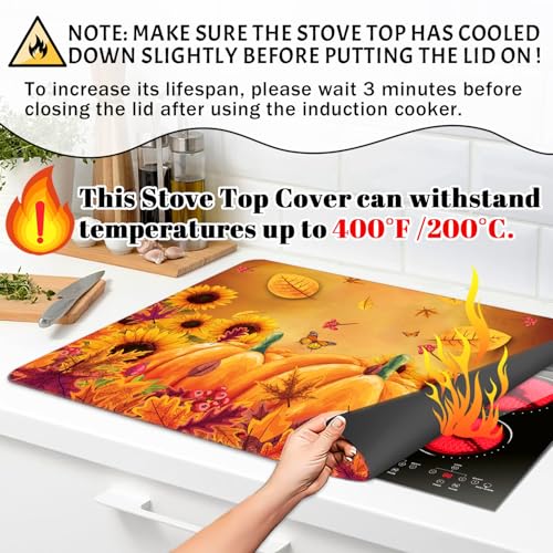 Image of Fall Stove Top Cover for Electric Stove 28 inchx 20 inch, Pumpkin Leaves Heat Resistant Glass Top Stove Cover Protector, Glass Cooktop Covers, Kitchen Flat Electric Stove Top Covers