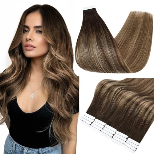 Image of Full Shine Tape in Extensions, Dark Brown Caramel Blonde Ombre 12 Inch | 30g 20PCS, Invisible Tape in Hair Extensions, Double Sided Design Soft Chestnut Honey Blend Party Styling with Natural Volume
