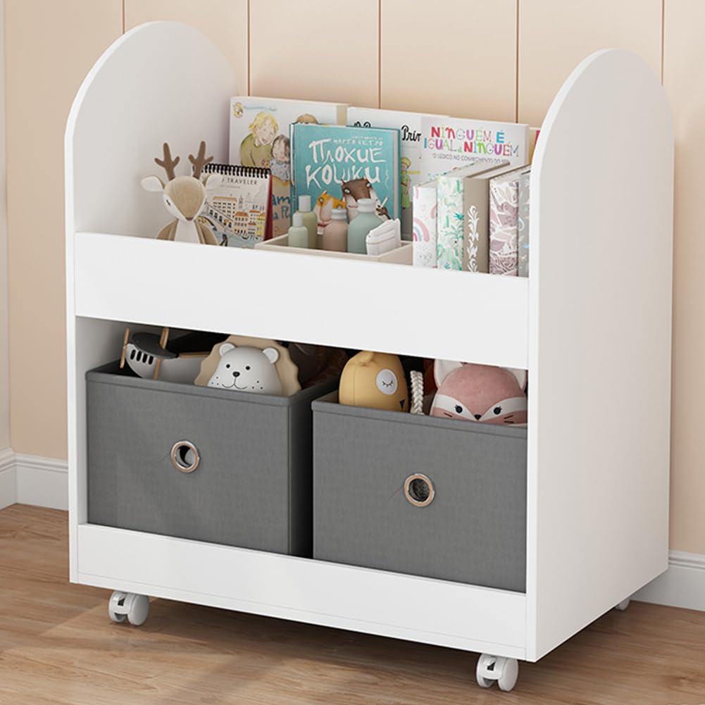 Shally Dogan Estantería con 2 estantes de madera y 2 cajones de tela, librería con ruedas para niños, estantería portaobjetos multiusos versátil, armario móvil moderno con ruedas giratorias