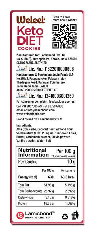 Image of Weleet Keto Diet Digestive Healthy Cookies| Home /Office Snack, 0% Maida /White Flour & Sugar| No Added Preservatives, Flavours & Colours, Enriched with Natural Ingredients | Pack of 2 (Each 90gm)